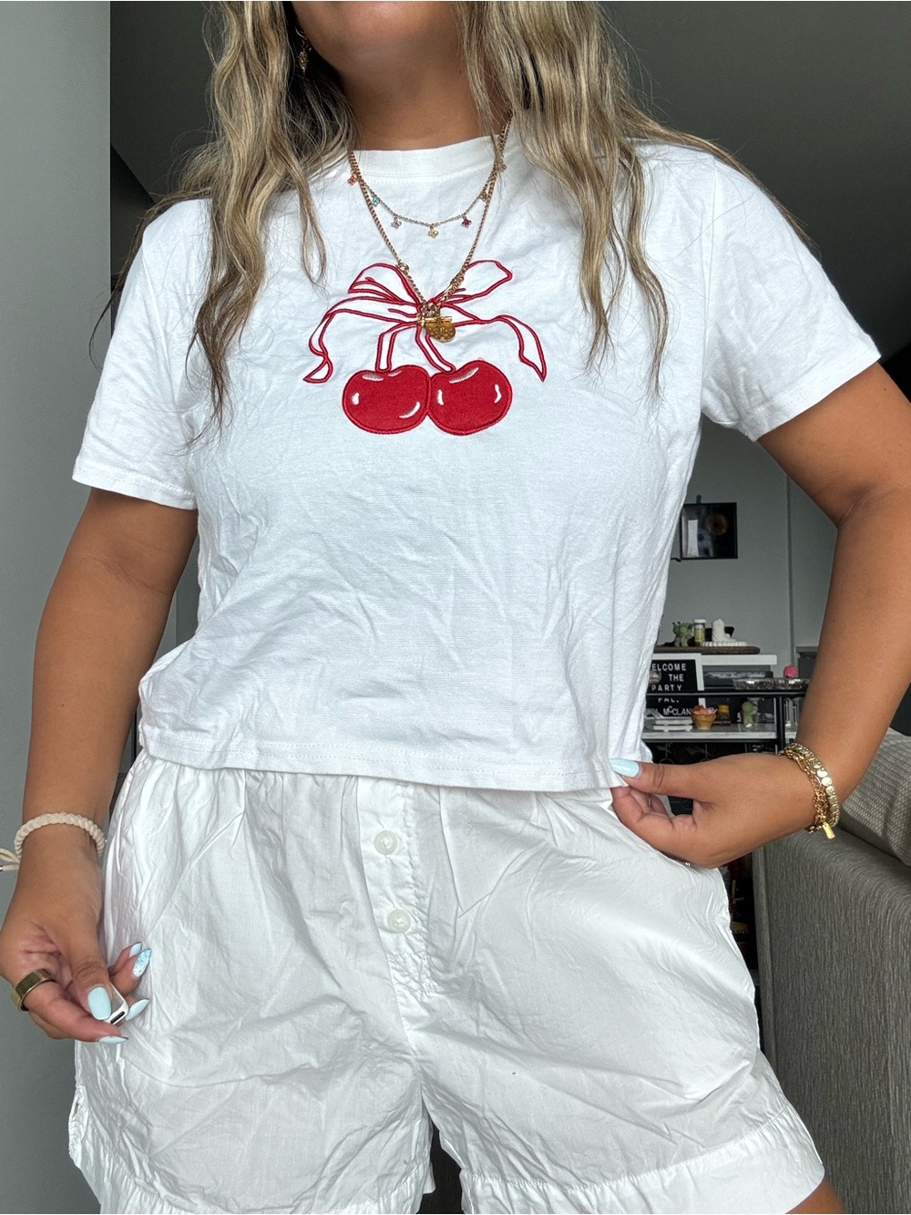 OAK + FORT White Tee with Red Cherry Graphic